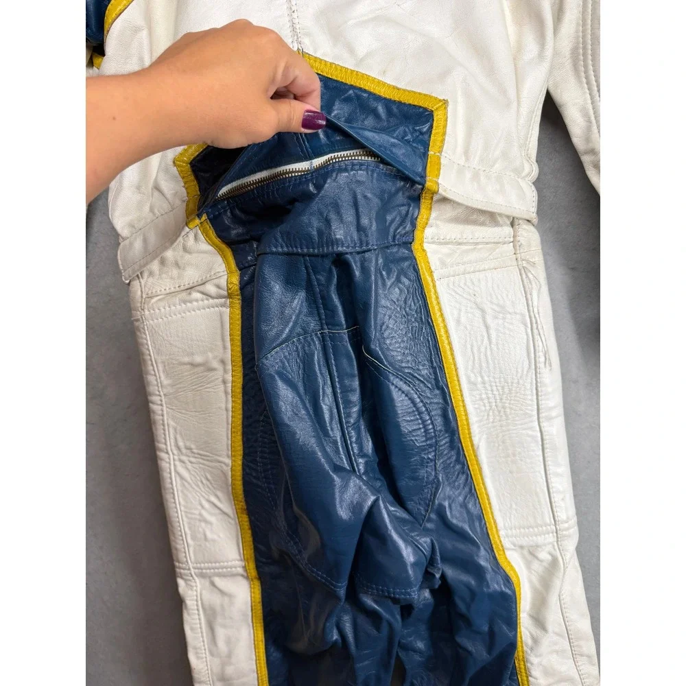Vintage Leather Motorcycle Racing Suit Blue White Yellow handmade Jumpsuit